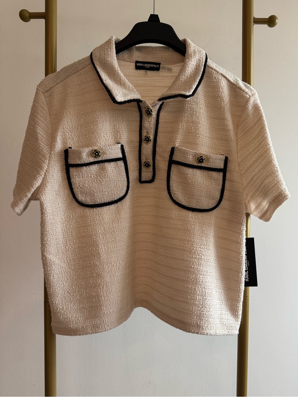 Karl Lagerfeld Kids Cream Knit Polo Top with Black Trim